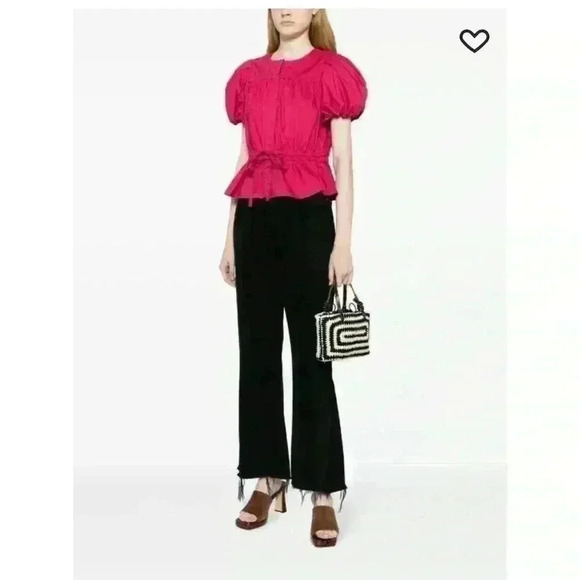 Ulla Johnson Peplum Hem Tie Magenta Puff Sleeves Cotton Blouse Size 00/0/2. - Picture 1 of 12
